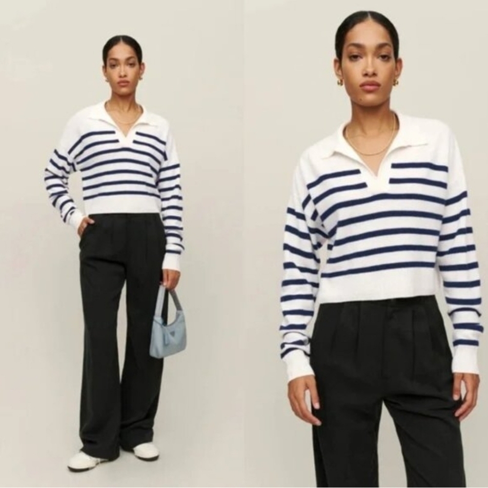 Reformation 100% Cashmere Striped Cropped Sweater XS Ivory Navy Polo Collar